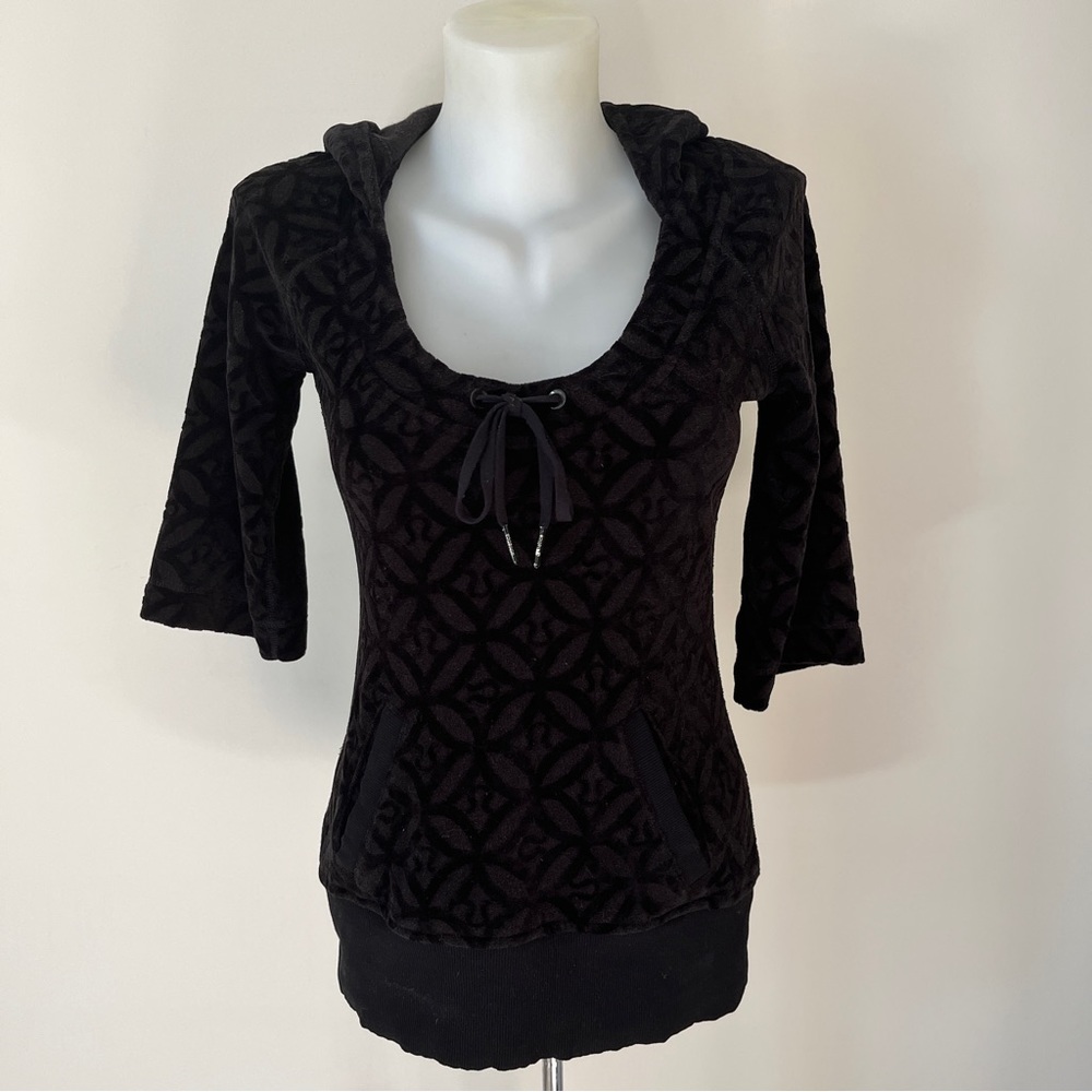 Lululemon Velvet Burnout Logo Hooded Shirt Top 3/4 Sleeve Drawstring Black Sz S